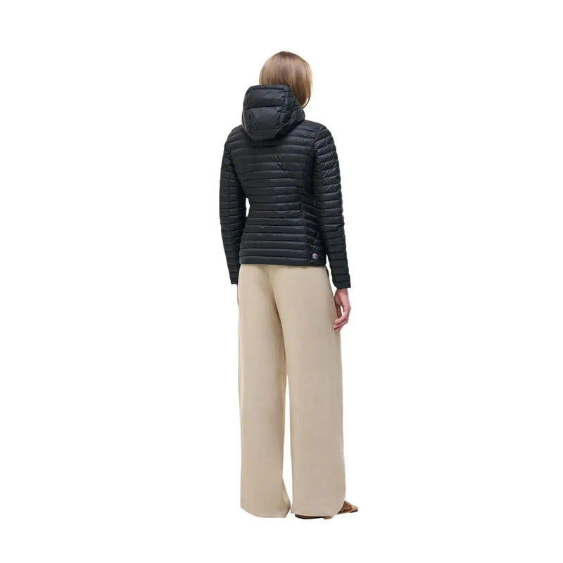 Schwarze, gesteppte Nylon-Daunenjacke mit Kapuze von Colmar Originals für Damen, von hinten gesehen