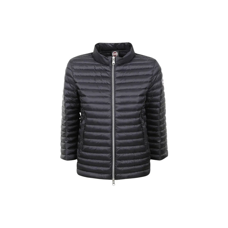 Schwarze Steppjacke mit Stehkragen und silbernem Reißverschluss aus der Colmar Originals Damen-Nylonjacken-Kollektion mit Kapuze.