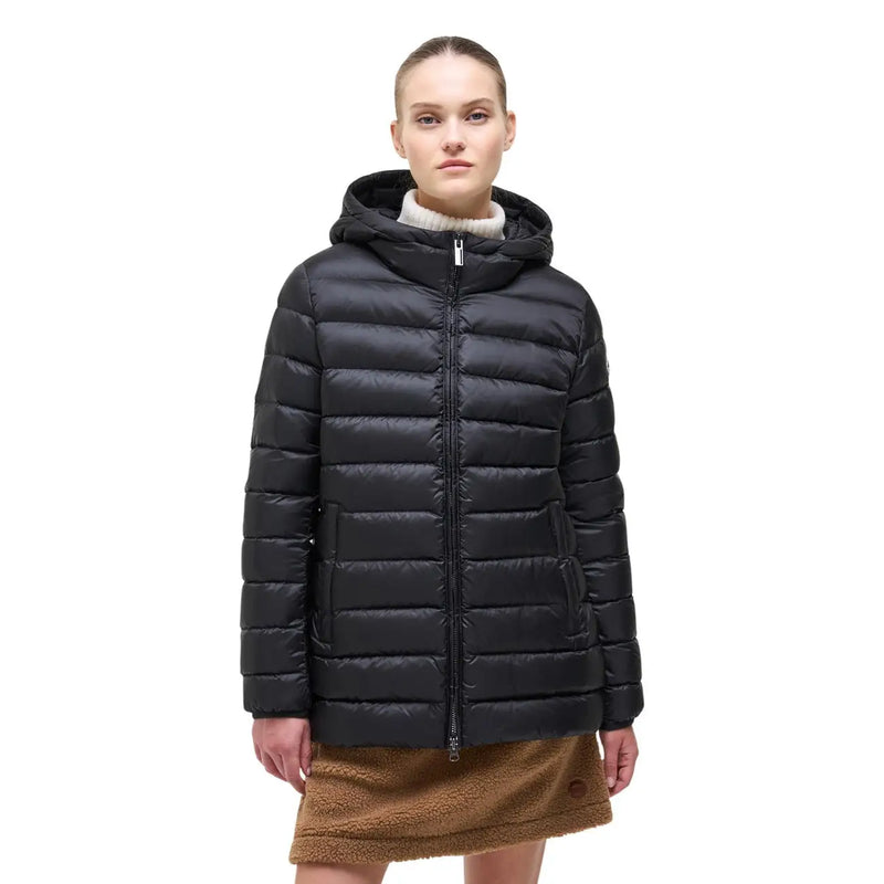 Schwarze, gesteppte Damen-Daunenjacke von Colmar Originals mit Kapuze, Reißverschluss vorne und zwei Seitentaschen