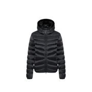 Schwarze, gesteppte Damenjacke von Colmar Originals mit Kapuze, glänzendem, wasserabweisendem Obermaterial und dezentem Ärmellogo