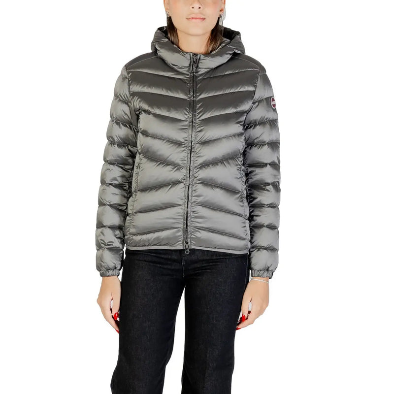 Graue Damen-Steppjacke mit Kapuze von Colmar Originals aus metallisch schimmerndem Polyester mit Steppdesign und Kapuze
