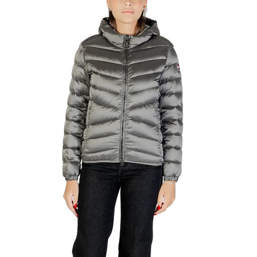 Graue Damen-Steppjacke mit Kapuze von Colmar Originals aus metallisch schimmerndem Polyester mit Steppdesign und Kapuze