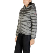 Graue gesteppte Damenjacke von Colmar Originals aus Polyester mit Kapuze und dezentem Logo in elegantem Metallic-Finish am Ärmel.