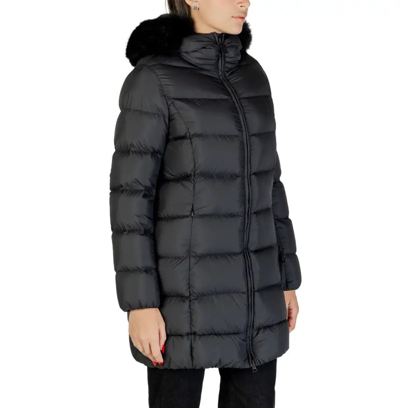 Black puffer coat with fur-trimmed hood and full-length zipper for Colmar Originals Women