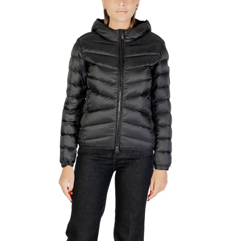 Women’s black hooded puffer jacket with chevron quilting and front zipper closure