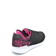 Back view of colmar women slip on nylon sneakers black with pink accents geometric mesh heel velcro straps white sole