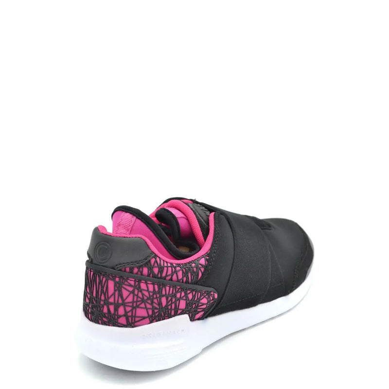 Back view of colmar women slip on nylon sneakers black with pink accents geometric mesh heel velcro straps white sole