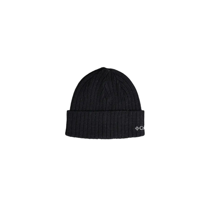 Columbia Schwarze Herren-Strickmütze mit Rippstrickbündchen, umgeschlagenem Rand und kleinem weißen Logo, Seitenansicht