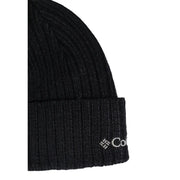 Columbia Schwarze, gerippte Strickmütze mit umgeschlagenem Bündchen und weißem, gesticktem Logo, Vorderansicht