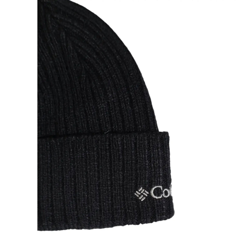 Columbia Schwarze, gerippte Strickmütze mit umgeschlagenem Bündchen und weißem, gesticktem Logo, Vorderansicht