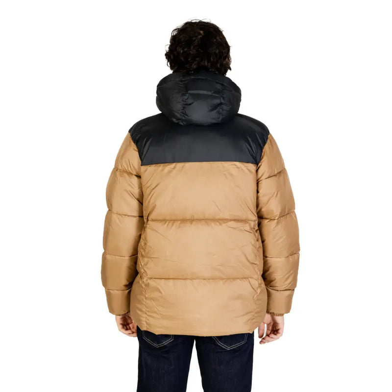 Beige and black puffer jacket with hood, made of synthetic material.