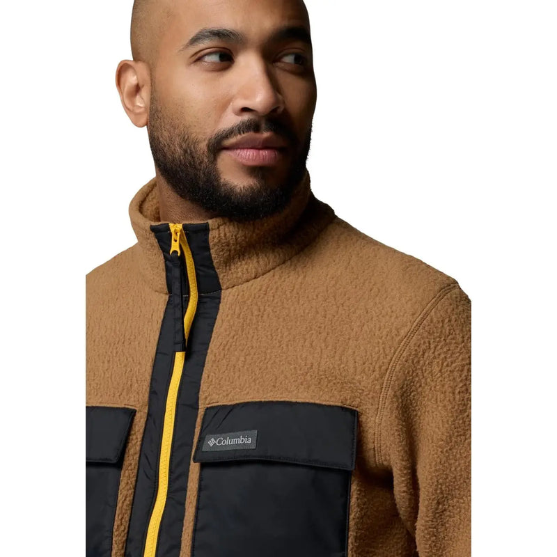 Columbia Brauner Herren-Fleece-Kapuzenpullover mit durchgehendem Reißverschluss, beigefarbenem Fleece, schwarzen Einsätzen, leuchtend gelbem Reißverschluss und Logo auf der Brusttasche