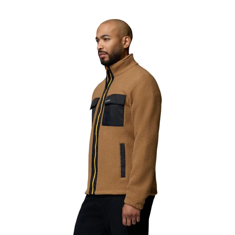 Columbia Brauner Herren-Fleece-Kapuzenpullover mit durchgehendem Reißverschluss in Beige mit schwarzen und gelben Akzenten aus warmem Fleece-Material