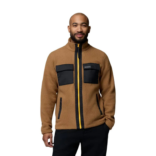 Columbia Brauner Herren-Fleece-Kapuzenpullover mit durchgehendem Reißverschluss, beigefarbenem Fleece, schwarzen aufgesetzten Taschen und gelbem Reißverschluss