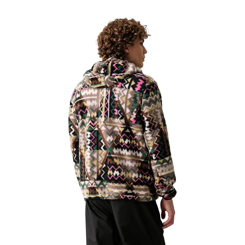 Columbia Brauner Herren-Fleece-Hoodie aus Polyester mit lebhaftem geometrischem Muster in Pink, Grün, Beige und Schwarz und Kapuze