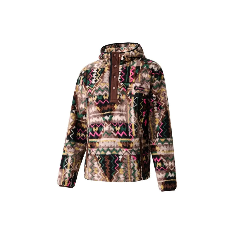Columbia Brauner Herren-Fleece-Hoodie mit lebhaftem geometrischem Polyestermuster und dunkelbrauner Knopfleiste