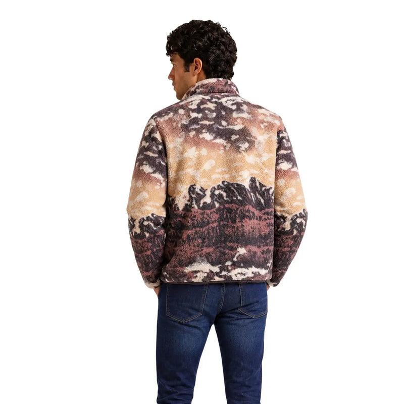 Columbia Herren-Fleece-Sweatshirt, braun, Kapuze, Polyester mit Fleecefutter und Berglandschaftsdruck in Erdtönen