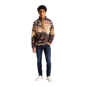 Columbia Herren-Fleece-Sweatshirt, braun, Kapuze, Polyester, mit Berglandschaftsmuster, hellbrauner Knopfleiste und Brusttasche