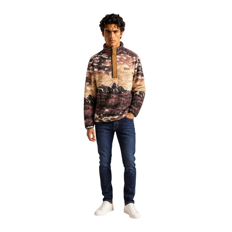 Columbia Herren-Fleece-Sweatshirt, braun, Kapuze, Polyester, mit Berglandschaftsmuster, hellbrauner Knopfleiste und Brusttasche