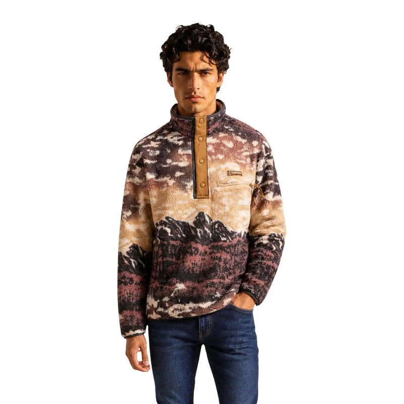 Columbia Herren-Fleece-Sweatshirt, brauner Kapuzenpullover aus Polyester mit Berglandschaftsdruck in Erdtönen