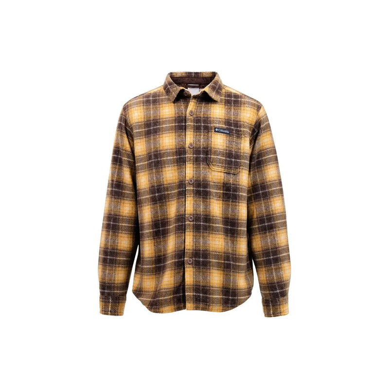 Columbia Braune Herrenhemdjacke aus Polyester mit gelb-braun karierten Flanellärmeln und Knopfleiste