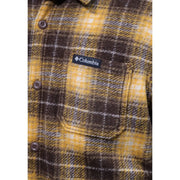Columbia Braune Herrenhemdjacke aus Polyester mit gelb-braun kariertem Flanellmuster und schwarzem Markenaufnäher auf der Brusttasche