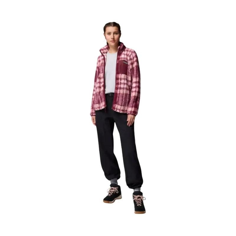 Columbia Herren-Fleece-Hoodie mit durchgehendem Reißverschluss in bordeauxrotem und rosa Karomuster aus weichem Polyestergewebe mit kuscheliger Textur