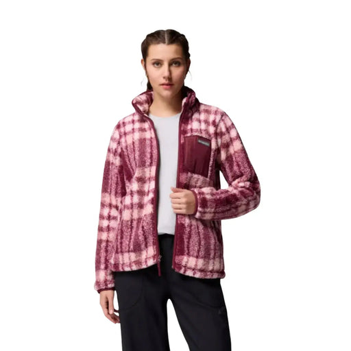 Columbia Herren-Fleece-Kapuzenpullover mit durchgehendem Reißverschluss in zartem Rosa und Bordeauxrot kariertem Polyester mit Kapuze und Frontreißverschluss