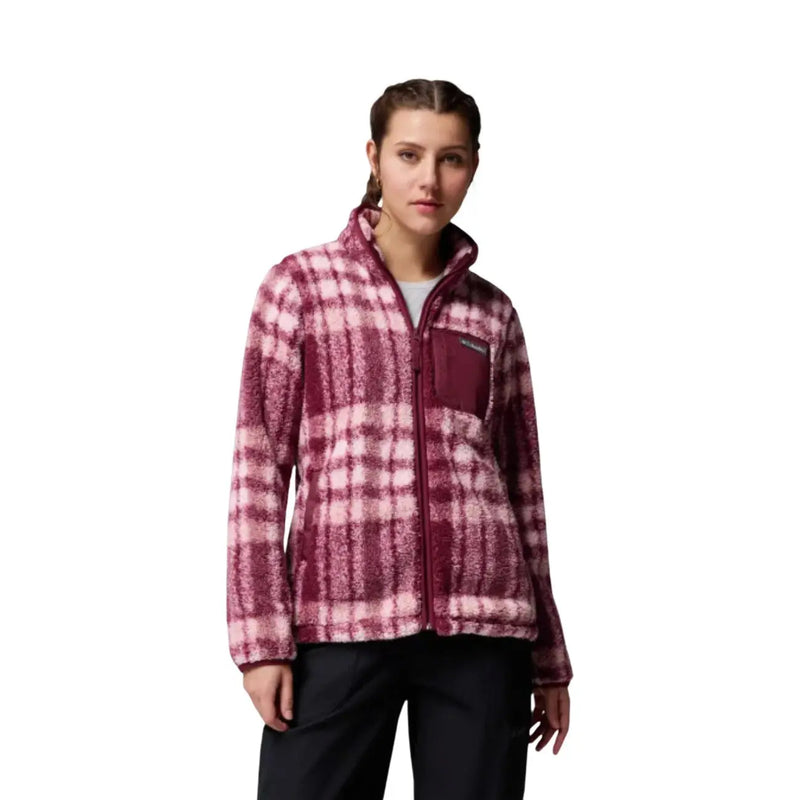 Columbia Herren-Fleece-Kapuzenjacke mit durchgehendem Reißverschluss in den Karomustern Bordeauxrot und Rosa aus weichem, strukturiertem Polyester.