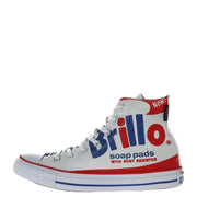 White Converse All Star women’s slip-on high-top sneaker with bold red and blue brillo branding canvas upper rubber sole