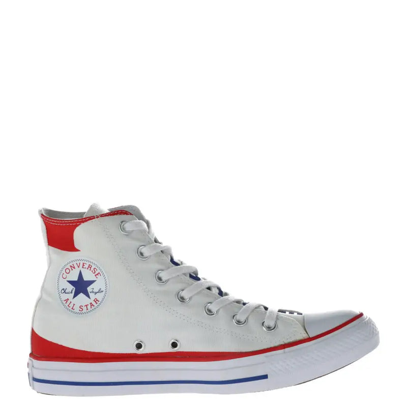 Converse All Star women’s slip-on white high-top sneaker with red and blue accents canvas upper and rubber sole