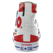 White high-top Converse All Star women’s slip-on sneaker with red and blue accents and bold mo logo on the side