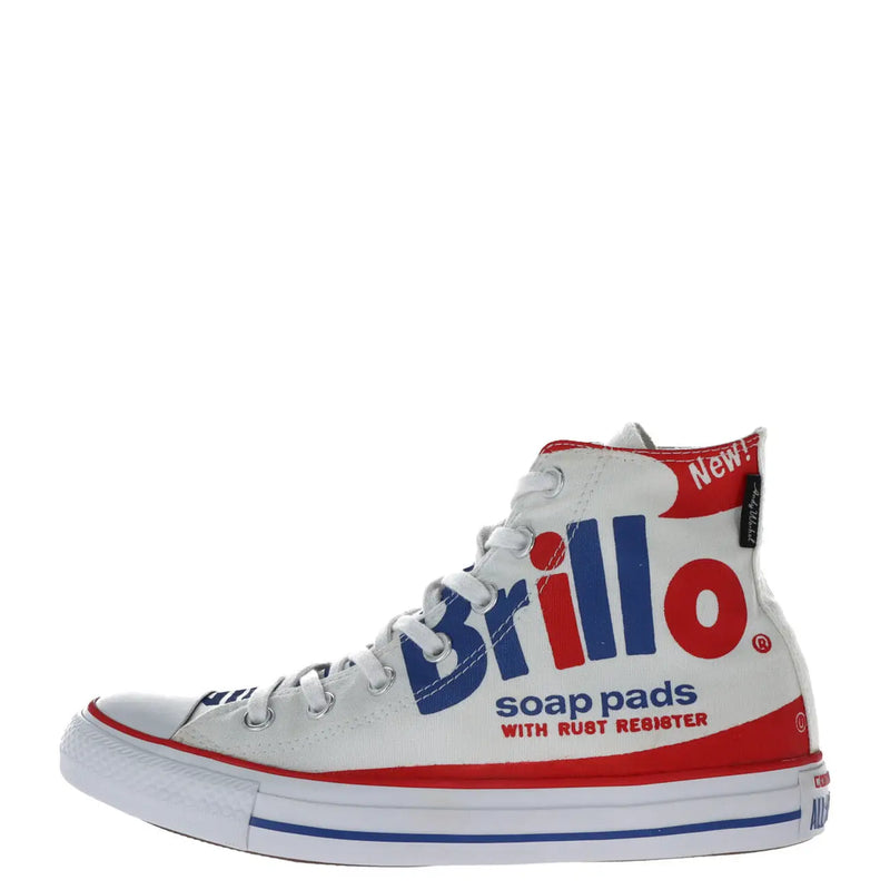 White Converse All Star women’s slip-on high-top sneaker with bold red and blue brillo branding canvas upper rubber sole