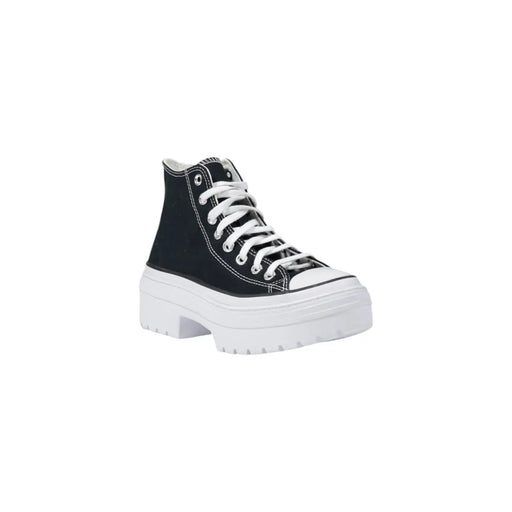 Converse Damen schwarze Chuck Taylor High-High-Sneaker aus Stofftop Sneaker mit weißen Schnürsenkeln, dicker Plateausohle und Zehenkappe aus Gummi.