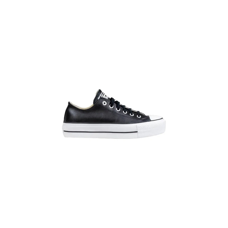 Converse women black leather platform sneakers featuring black leather upper and white rubber sole and toe cap
