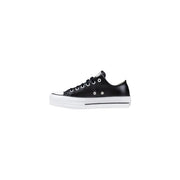 Converse women black leather platform sneakers with white rubber sole and toe cap in classic Chuck Taylor design