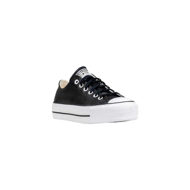 Converse women black leather platform sneakers featuring white rubber sole and toe cap in a classic design