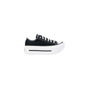 Converse women black platform sneakers fabric with white laces and thick white rubber sole in black canvas