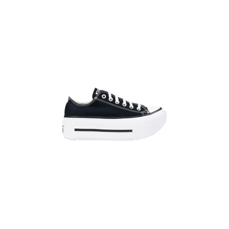 Converse women black platform sneakers fabric with white laces and thick white rubber sole in black canvas