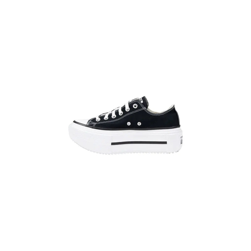Converse women black platform sneakers fabric with white laces and thick white rubber sole side view