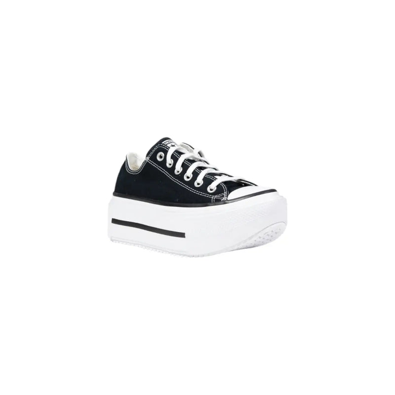 Converse women black platform sneakers fabric low-top canvas sneaker with white laces and thick white sole with black stripe