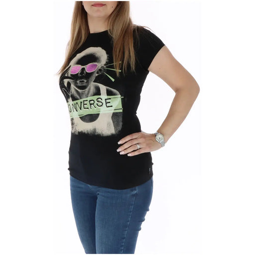 Converse Ärmelloses Damen-T-Shirt aus Baumwolle mit Rundhalsausschnitt, schwarz, mit stilisiertem Porträtmotiv, pinkfarbener Sonnenbrille und neongrüner Schrift