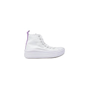Converse women fabric platform sneakers white with a chunky sole and subtle lavender accent on the heel tab back view