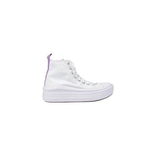 Converse Weiße Damen-Plateau-Sneaker aus Stoff mit klobiger Sohle und dezentem Lavendelakzent an der Fersenlasche (Rückansicht)