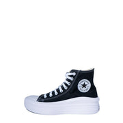Black Converse all Star high-top fabric sneaker with white laces rubber toe cap and thick platform sole for women