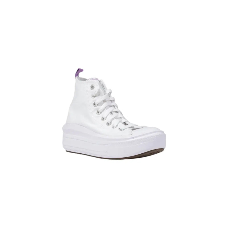 Converse women fabric platform sneakers white showing back side with white high-top design and subtle purple pull tab