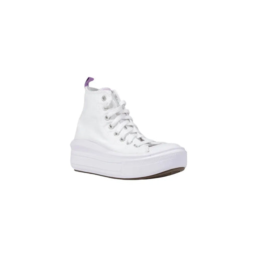 Converse weiße Damen-Plateau-Sneaker aus Stoff, die die Rückseite zeigen, mit weißem Absatztop Design und dezente violette Zuglasche