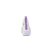 Back view of white converse women fabric platform sneaker with purple fabric pull tab and star logo on heel