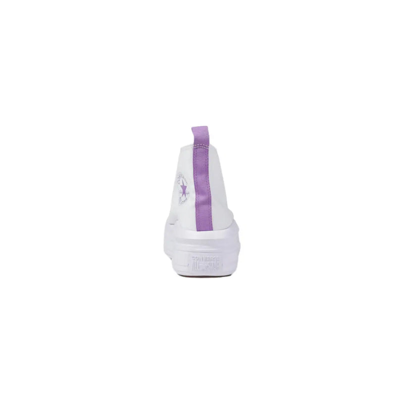 Back view of white converse women fabric platform sneaker with purple fabric pull tab and star logo on heel