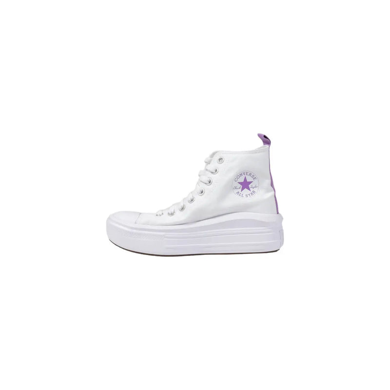 White converse all star high-top fabric sneaker with platform sole and subtle purple accents on heel tab and logo